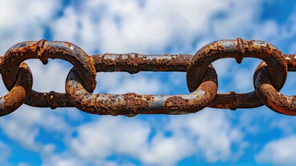 Obraz premium Stark Contrast of Corroded Chains and Shiny Metal Link in High Resolution Image Symbolizes Strength and Renewal Against a Vivid Blue Cloudy Sky