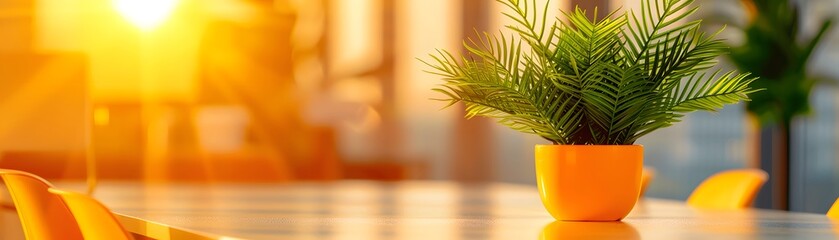 Obraz premium Indoor plant in a yellow pot placed on a table with warm, golden sunlight streaming in the background, creating a cozy ambiance. 