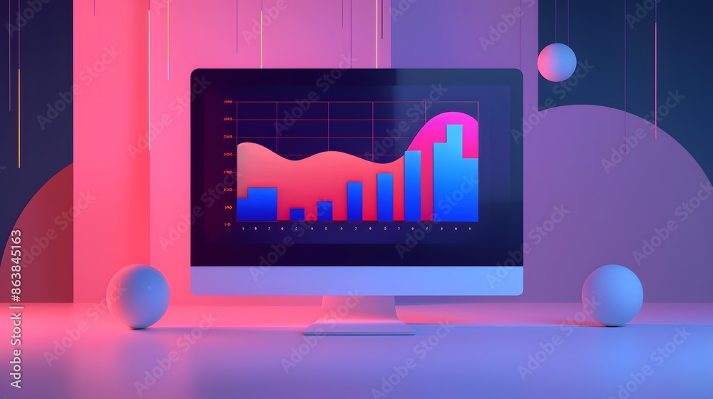 Poster modern digital analytics graph on computer screen with futuristic neon lighting, representing data v