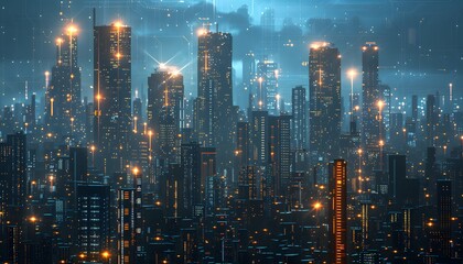 Fototapeta premium A digital rendering of a futuristic city at night with glowing lines and lights.