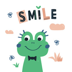 Frog animal sticker. Hand lettering with smile. Cute frog animal cartoon character catches insect. flat vector illustration postcard