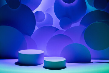 Abstract scene for presentation cosmetic products mockup - two round podiums in dark  gradient blue violet turquoise glowing light, circles flying, decor. Template for showing in black friday style.