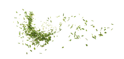 Scattered dry chive pile isolated. Dried green onion flakes, chopped dried spring onion on white