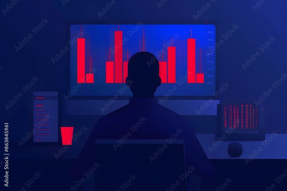 Poster silhouette of a person analyzing data on a computer with bar graphs on the screen, illuminated by bl