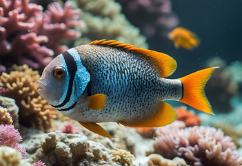 Obraz premium Coral and fish landscape background in the deep blue ocean 