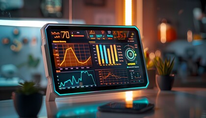 A futuristic digital display with various graphs and data is lit up in an office setting with a plant in the foreground.  A smartphone is also on the table.