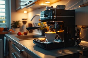 Coffee machine with cup of coffee on table in modern kitchen