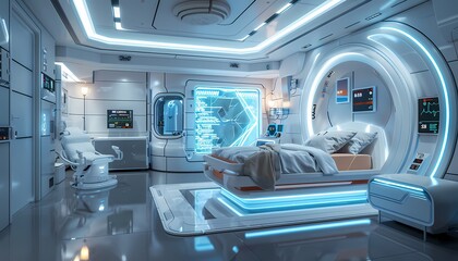 Fototapeta premium A futuristic medical room with a bed, a chair, and various medical equipment. The room is decorated with glowing blue lines and features a sleek, modern design.