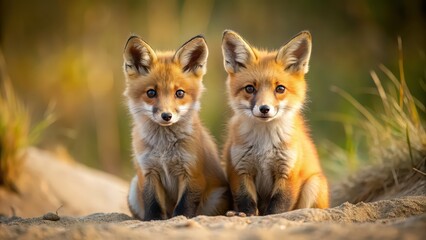 Two adorable red fox kits sitting closely together on sandy ground, red fox, kits, cute, siblings, animals, wildlife, nature, sand