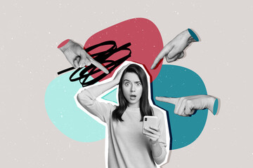 Composite photo collage of astonished girl hold iphone device online cyberbully human point blame...