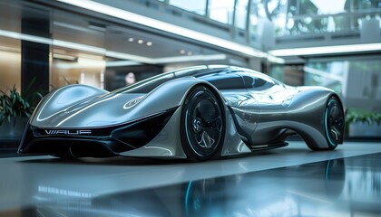 A sleek, silver sports car with futuristic lines sits in a modern showroom. The car's blue accents...