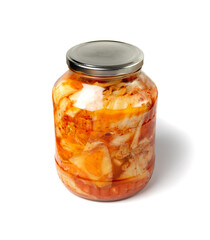 Kimchee in a glass jar isolated. Spicy kim chi, hot fermented napa cabbage, jimchi, korean gimchi