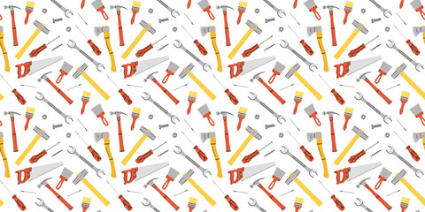 Repair tools pattern. House construction equipment seamless background. Doodle drawing. Building instruments screwdriver saw and hammer. Renovation industry. Vector cartoon flat isolated illustration