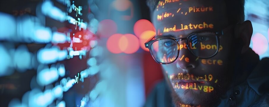 Programmer Developing a Machine Learning Algorithm with Vibrant Neon Lights and Bokeh Background