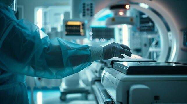 Doctor calibrates cancer treatment equipment, close-up.