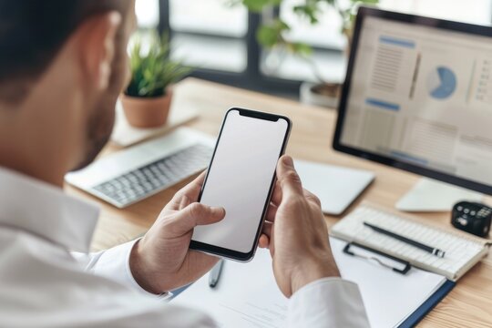 Mockup of a man's hands holding smart phone with blank white screen while sitting at the wooden table in modern office