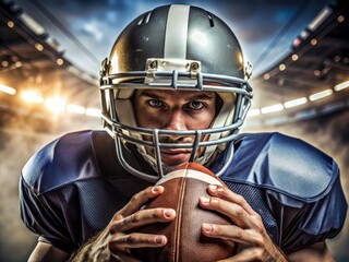 Close-up of American football player with helmet carrying ball in match