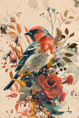Contemporary art collage of bird with flowers and brush strokes over light brown background, Illustration poster, Eclectic style