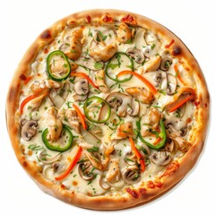 Creamy Pizza with Cervelat, Tartar Sauce, Chicken Fillet, Sliced Mushrooms, Sweet Pepper