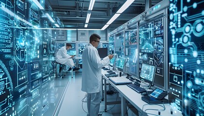 Two scientists in white coats are working in a futuristic laboratory with large monitors displaying complex data and schematics
