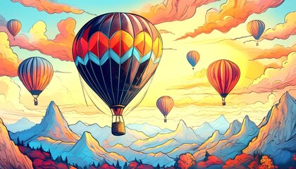 Naklejka premium Hand drawn style illustration, hot air balloons floating in the sky, sketchy lines, vibrant colors. 4