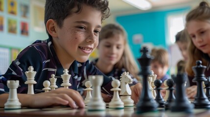 A school chess club with students playing a game, promoting strategic thinking and problem-solving skills through extracurricular activities.