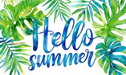 Obraz premium Abstract background with abstract flowers. Hello Summer - modern calligraphy lettering. Summer concept background.