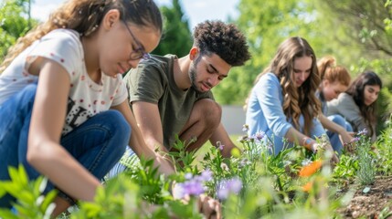 A group of students working on a community service project, demonstrating the importance of social responsibility and personal growth through education.