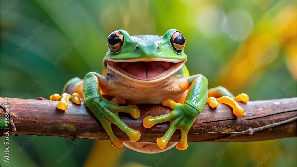 Wall mural tree frog perched on a tree branch, gold and green skin, with extended webbed feet, eyes and mouth o