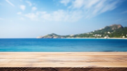 Wood table top on blur beach background