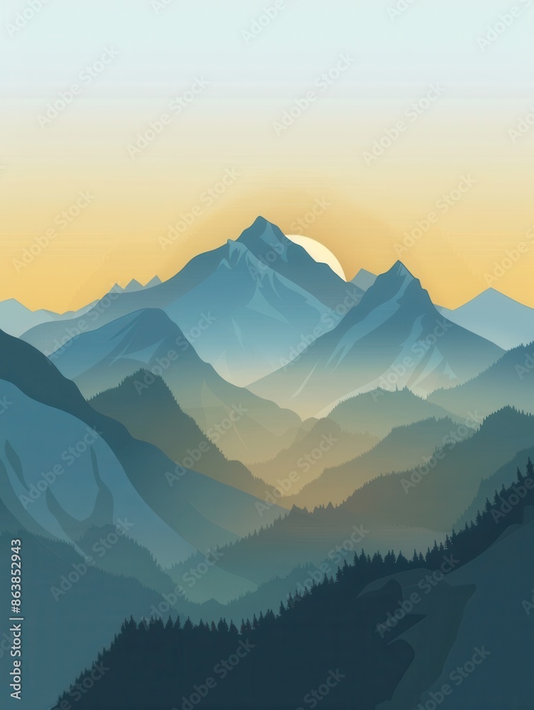 Aufkleber a serene mountain range at dawn, with the first rays of sunlight illuminating the peaks and casting 