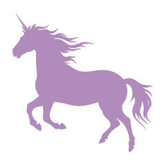 A purple unicorn with a flowing mane and tail, standing in a simple white background