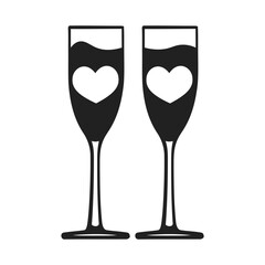 Two black wine glasses with heart shapes, simple and minimalist design