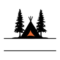 Obraz premium A black silhouette of a camping tent between two pine trees against a white background split border