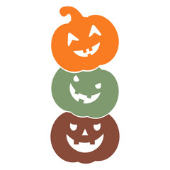 Three stacked pumpkin-shaped Halloween decorations in orange, green, and brown colors with carved jack-o-lantern faces