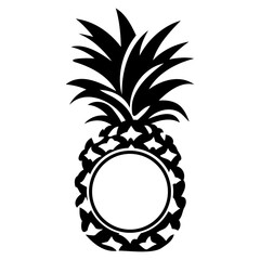 A black and white silhouette of a pineapple shape with a circular frame in the center monogrma