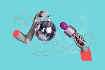 Collage picture 3d body fragments hands hold disco ball sphere party festive event microphone singer artist performance karaoke bar