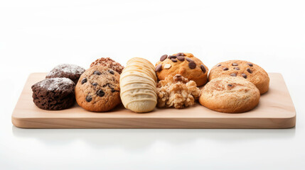 A Variety of Delicious and Freshly Baked Cookies Including Chocolate Chip, Oatmeal, and Double Chocolate on a Wooden Cutting Board
