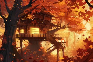 A treehouse nestled among autumn leaves, cozy vibe, Generative AI