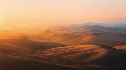 Fototapeta premium Vast undulating countryside terrain glows warmly under a hazy sunset, offering expansive space for large format branding applications.