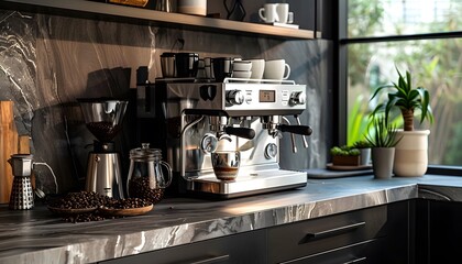A modern kitchen counter with a coffee machine, coffee beans, and a cup of espresso.