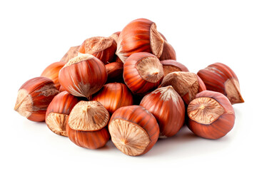 Obraz premium Close-up of shelled and unshelled Hazelnut nuts isolated on a white background, showcasing their texture