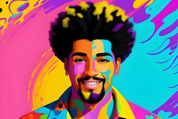 A vibrant and colorful image of a 1970s happy man with an afro hairstyle. he is mixed race. retro, vintage, psychedelic, Funky, Groovy, Disco, Smiling, Joyful, Fashion, Bell-bottoms, Tie-dye, Funk