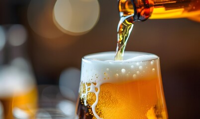 Refreshing beer being poured into a glass, Generative AI 