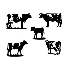 cow silhouette set black and white vector, Minimalist cow standing silhouette vector set
