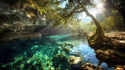 A secluded waterfall cascading down moss-covered rocks in a dense green forest, with sunlight filtering through the canopy. 