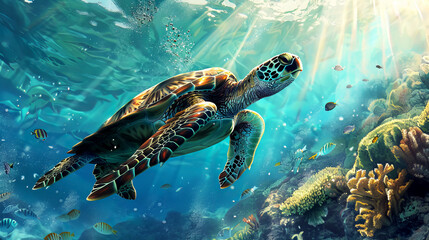 Fototapeta premium Closeup of a sea turtle underwater marine life sunrays beautiful view 