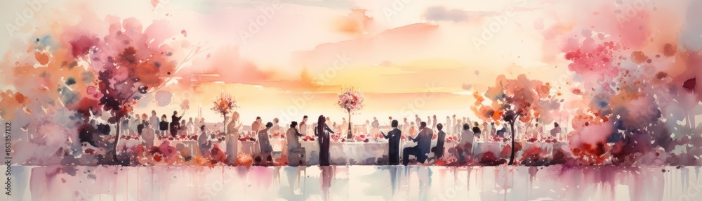 Wall mural A painting of a large group of people sitting at a long table with a sunset in the background