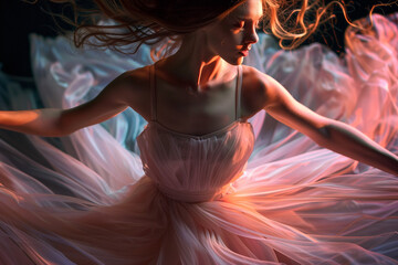 Generative AI picture of beautiful charming ballet dancer ballerina in stage ballroom gown