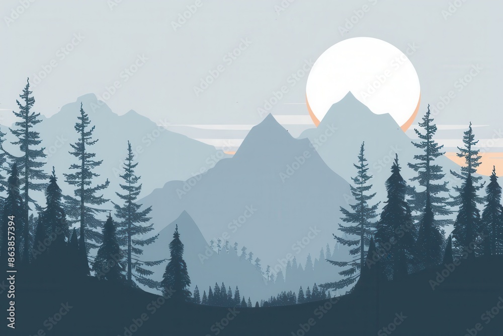 Poster a serene dawn scene with a large sun rising over a mountain range, with tall pines in the foreground
